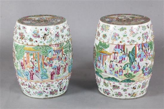A pair of Chinese famille rose barrel shaped garden seats, c.1830-50, height 47.5cm, one barrel cracked